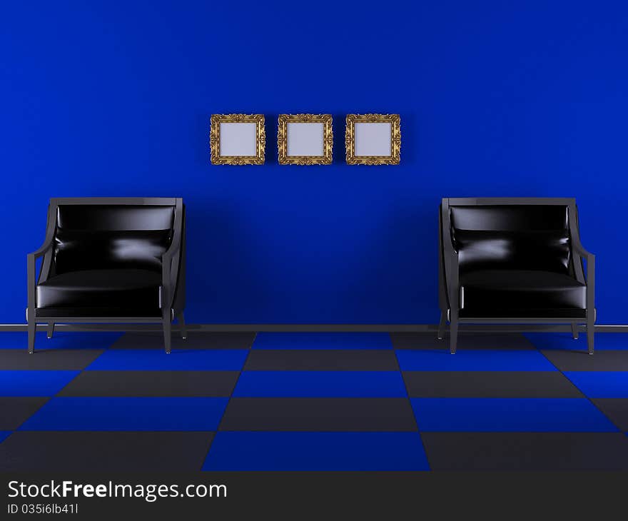 Interior design of Luxury living room, two armchairs and three classic frames on the wall, rendering