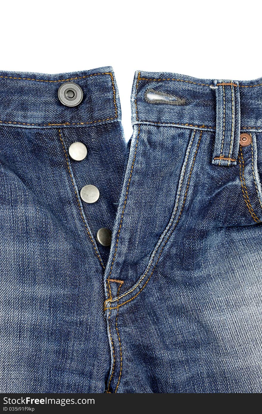 Close up of blue jeans isolated on white