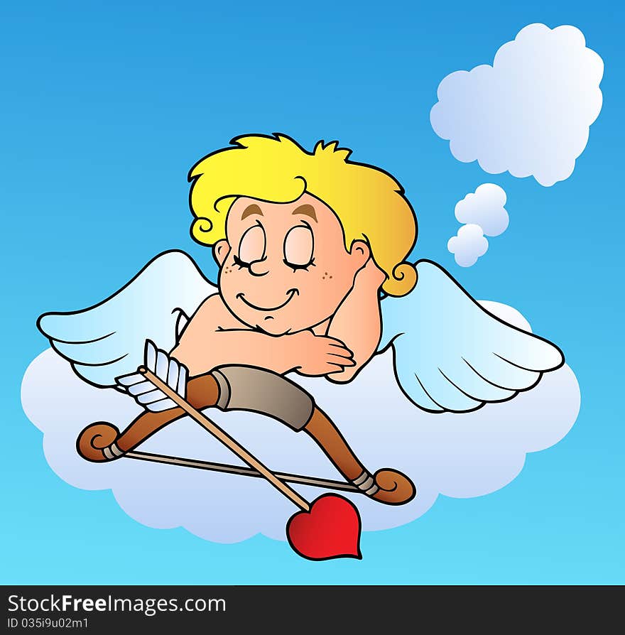 Dreaming Valentine Cupid with bow - illustration.