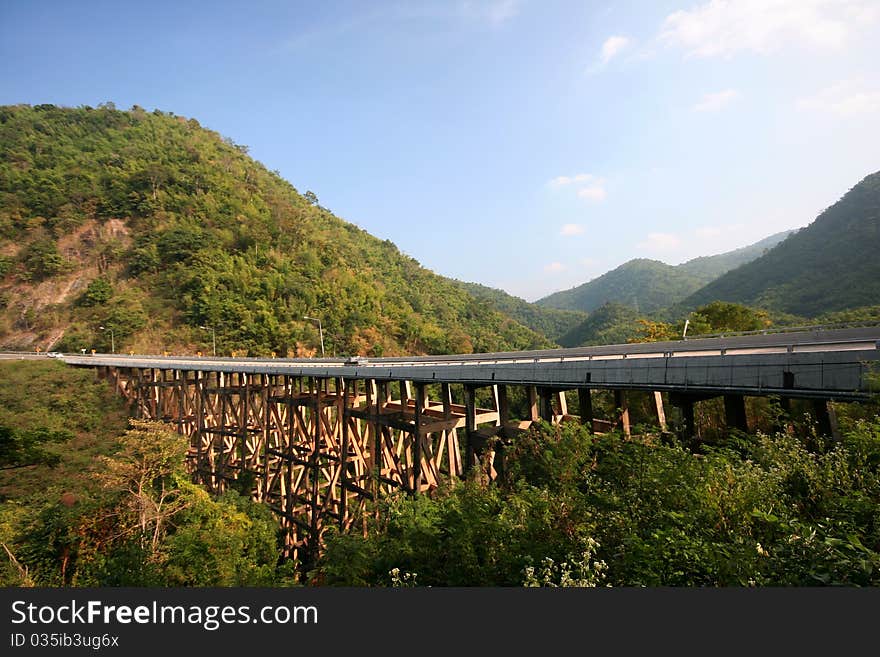 Bridge with wooden stilt across the valley.