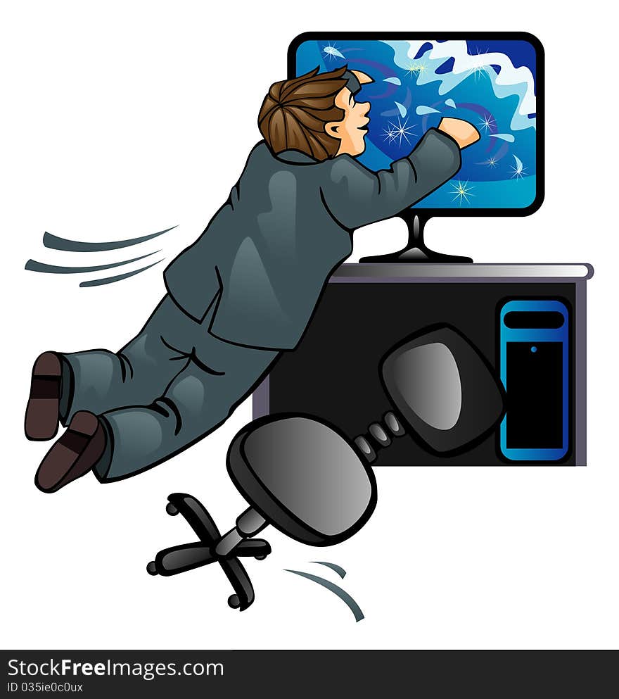 The person in a suit jumps from office in the sea which is displayed on the monitor. The person in a suit jumps from office in the sea which is displayed on the monitor