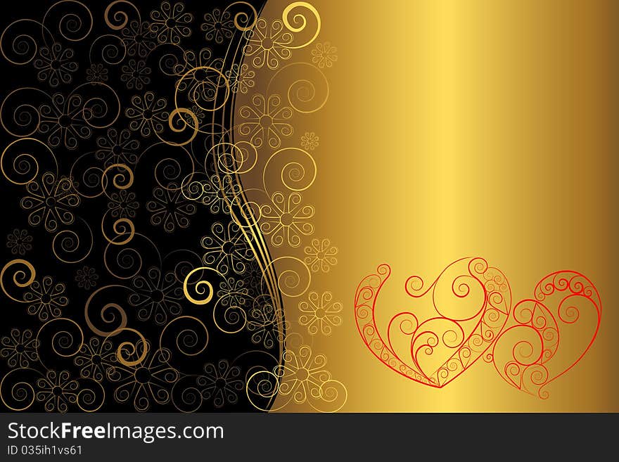 Two ornate delicate hearts on a flower background. Two ornate delicate hearts on a flower background.