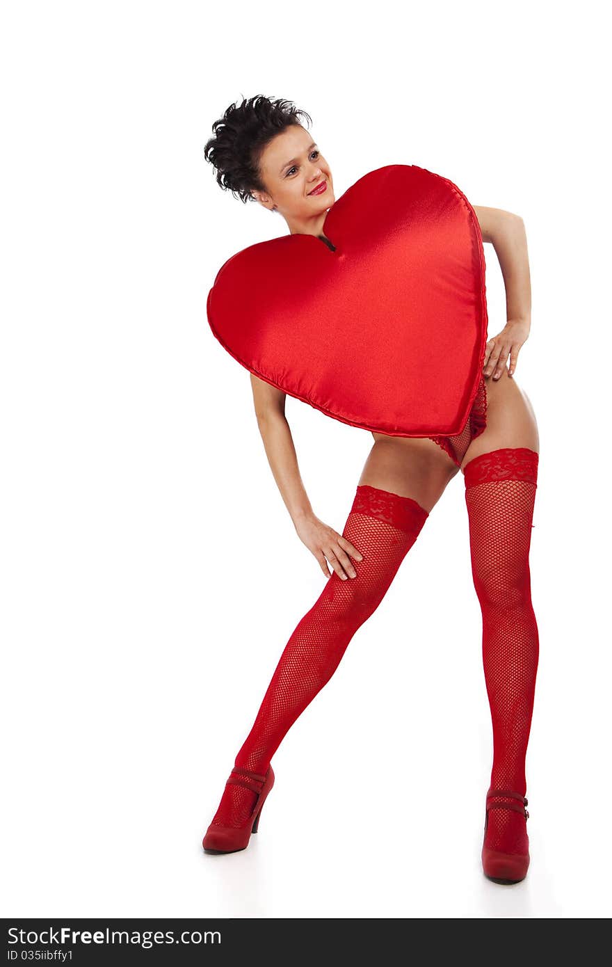 Young woman in Heart suit over white. Young woman in Heart suit over white