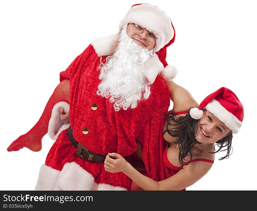 Portrait of Santa Claus with girl in Santa hat. Isolated on white. Portrait of Santa Claus with girl in Santa hat. Isolated on white.