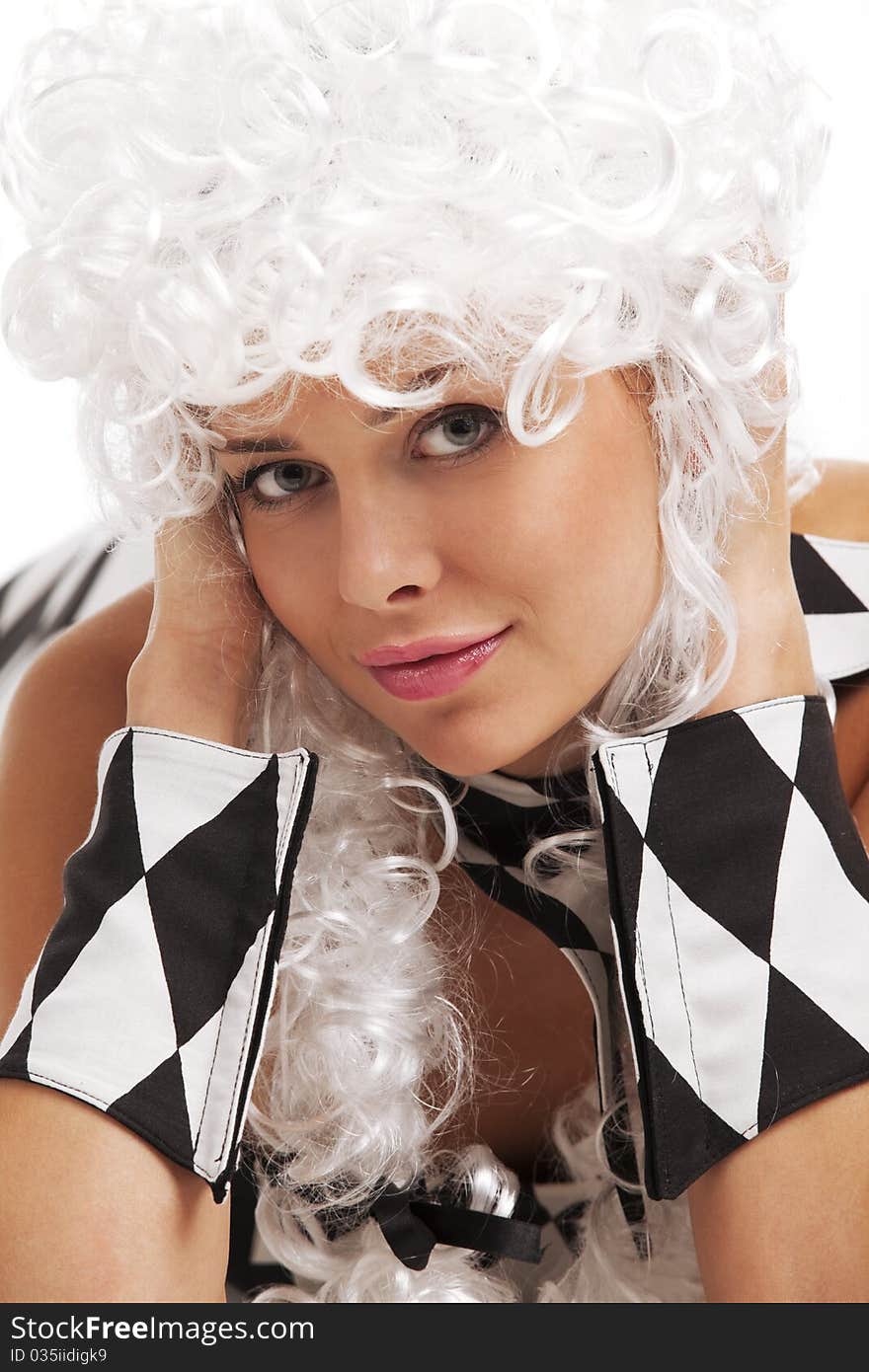 Female in chess Queen suit over white  background