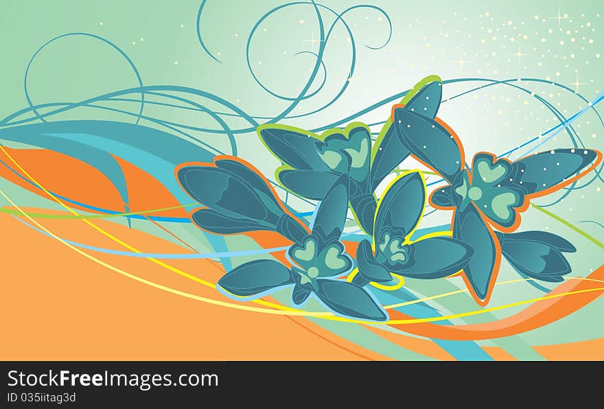 Vector illustration of colorful composition contains snowdrops and curved lines.