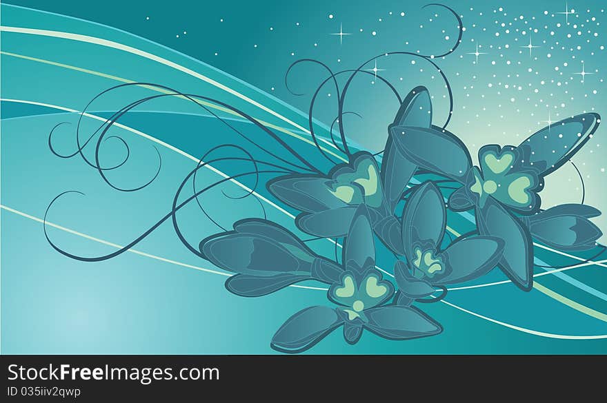 Vector illustration of composition contains snowdrops and curved lines.