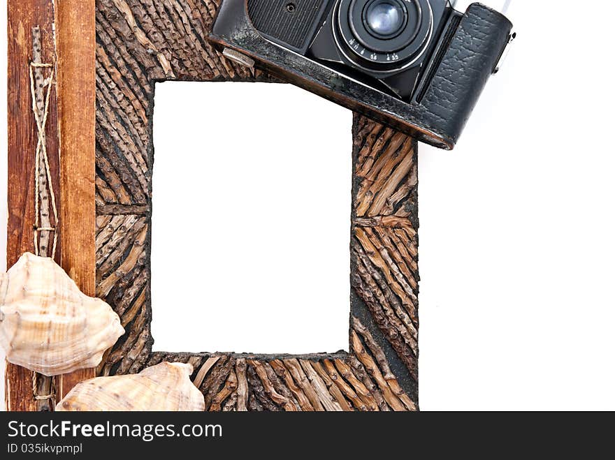 Vintage camera and photo album with empty picture. Isolated on white. Vintage camera and photo album with empty picture. Isolated on white