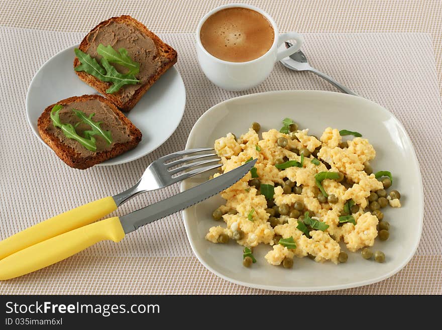 Omelet With Toasts And Coffee