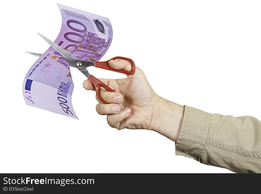 This image shows a banknote 500 euro cut scissors. Indicates the currency devaluation.