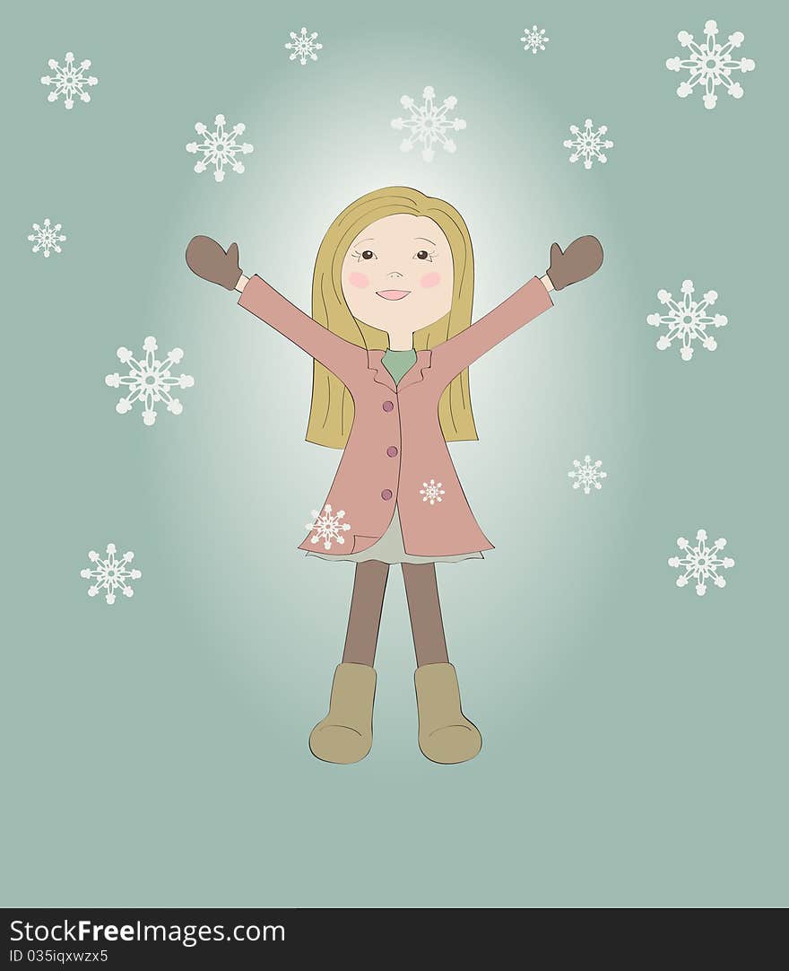 Hand drawn illustration of little joyful girl