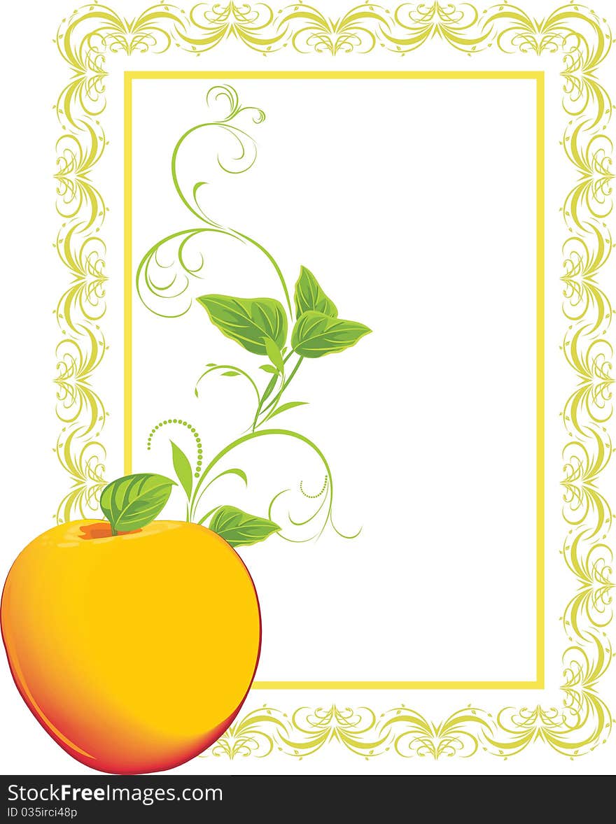 Yellow apple with sprig in the decorative frame. Illustration