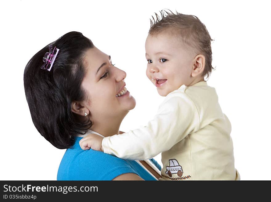 Picture of happy mother with baby over white