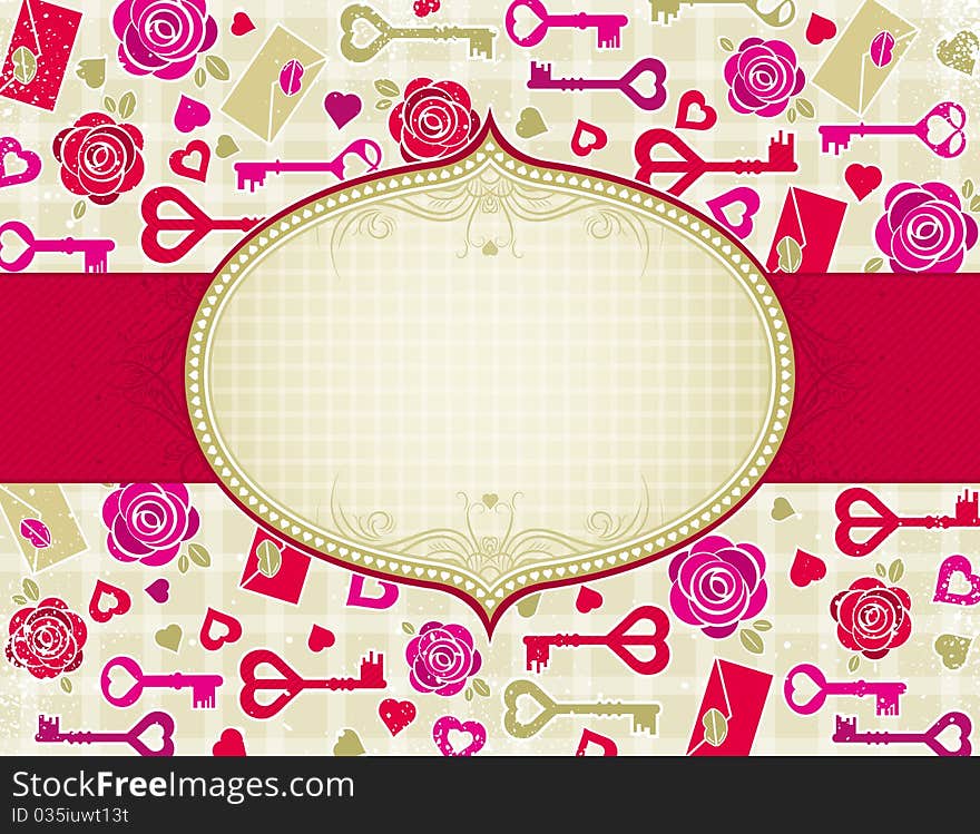 Beige valentine background with pink and red hearts and roses, illustration