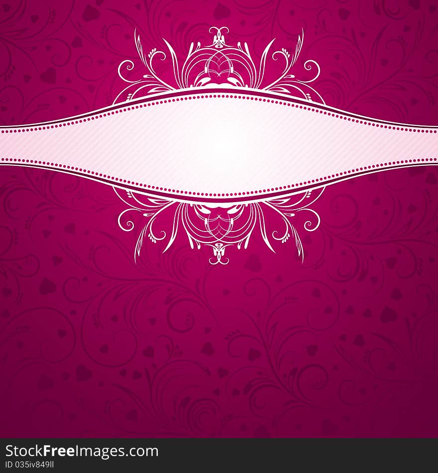 Pink background with decorative ornaments and many hearts, illustration