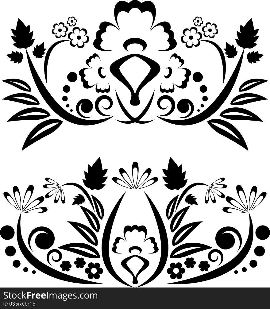 Black decorative floral design elements on white background. Black decorative floral design elements on white background