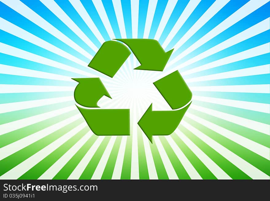 Recycling symbol with sun rays in blue and green