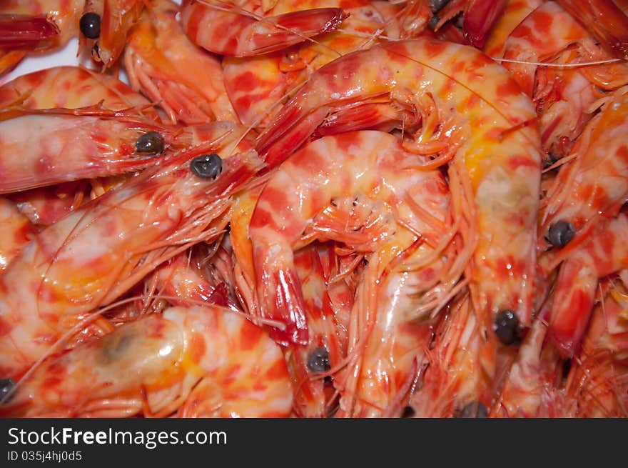 Tray of cooked prawns and shrimps, animal