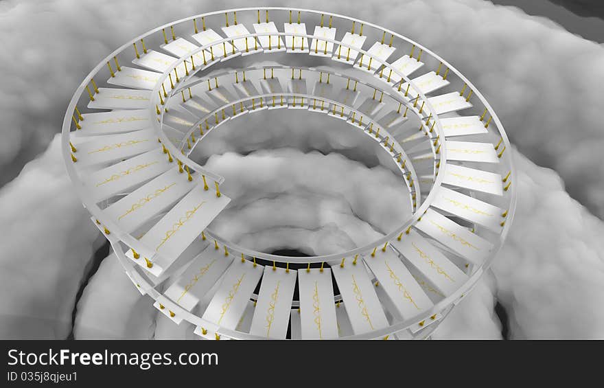 White stairs spiraling upward in the clouds with gold trim. White stairs spiraling upward in the clouds with gold trim