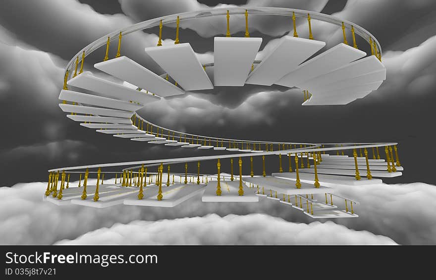 White stairs spiraling upward in the clouds with gold trim. White stairs spiraling upward in the clouds with gold trim