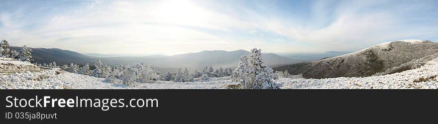 Panorama of winter mountains near Novorossisk