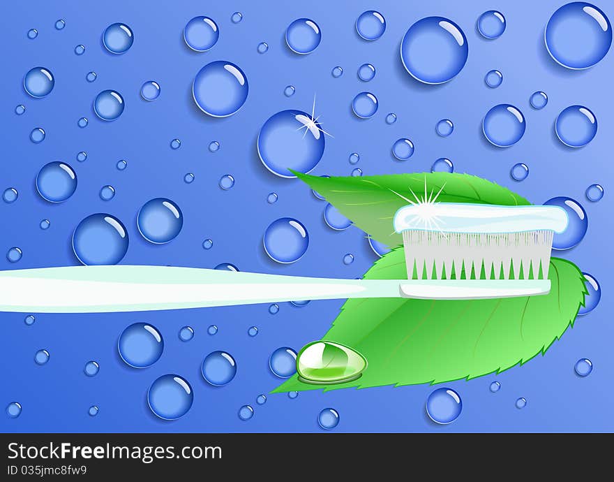 Toothpaste, toothbrush and green leaves on a background of water drops are shown in the picture. Toothpaste, toothbrush and green leaves on a background of water drops are shown in the picture.