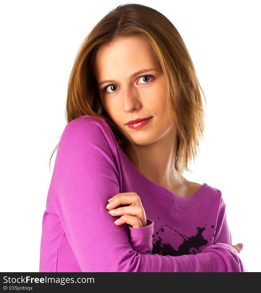 Handsome young female looking from shoulder on you on white background