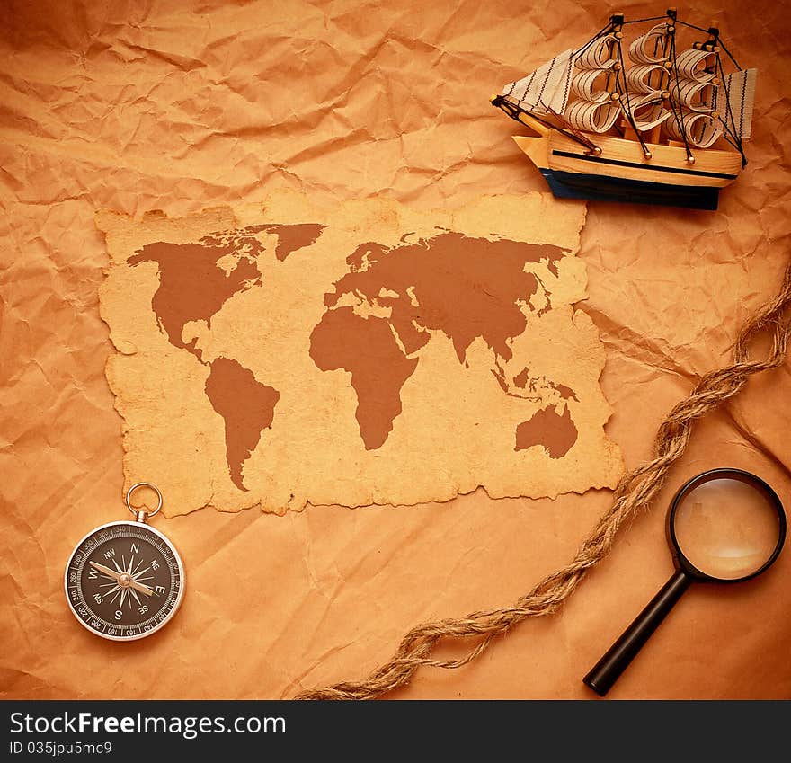 Model Classic Boat, Compass And Rope