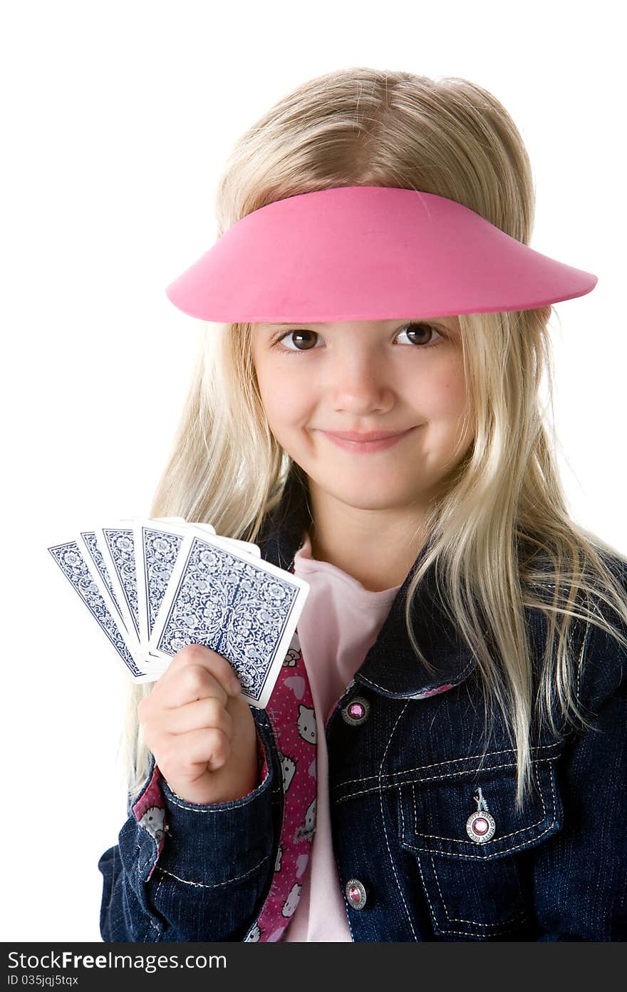 Cute little girl holding cards smiling isolated on white background. Cute little girl holding cards smiling isolated on white background