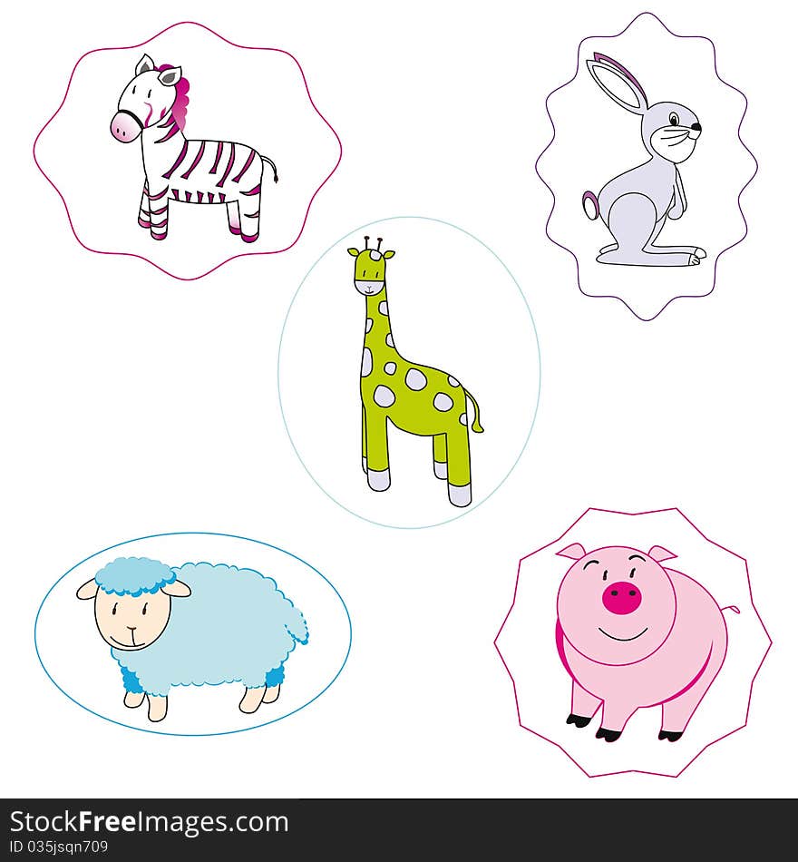 Zebra, giraffe, pig, rabbit and sheep. Zebra, giraffe, pig, rabbit and sheep