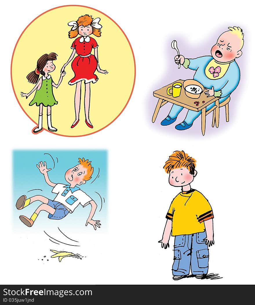 Some Hand drawn Raster illustrations about children and relations between them. On white background