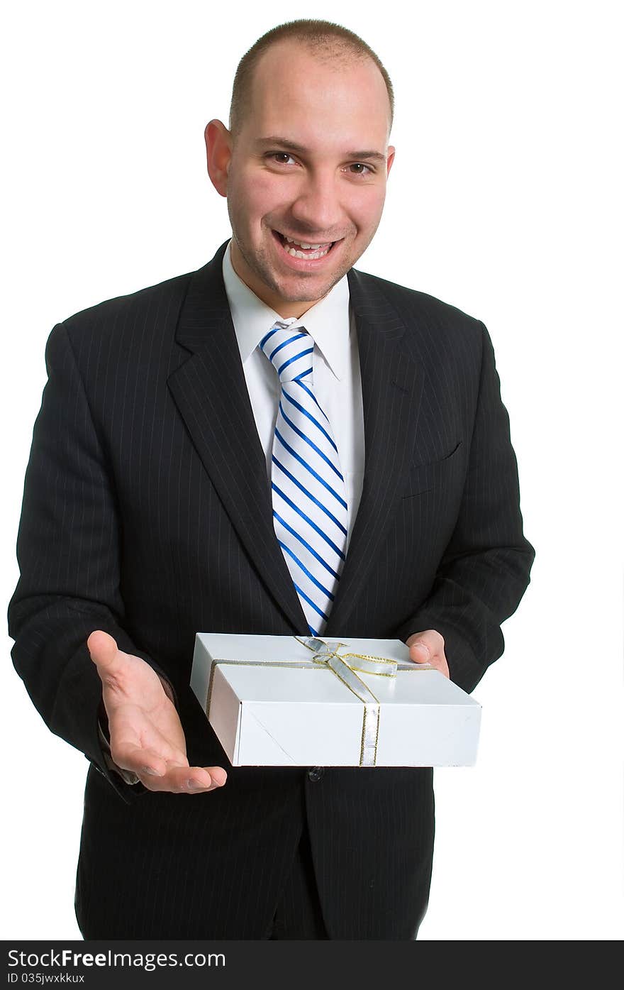 Young businessman congratulates handing a modest gift