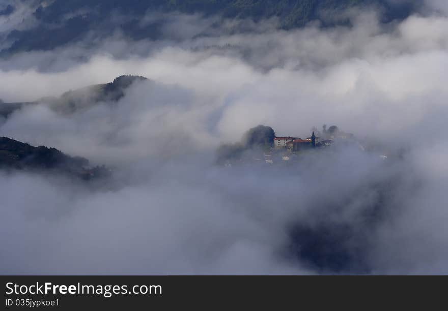 Leaburu municipality in the clouds, Gipuzkoa, Euskadi