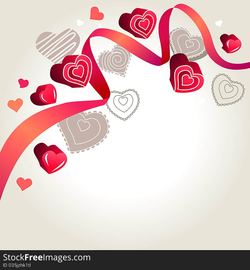 Pink ribbon and contour hearts on light grey background