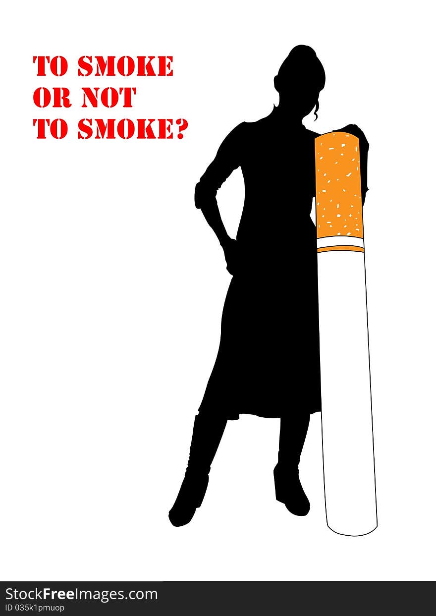 A black silhouette of woman leans on a big cigarette. A black silhouette of woman leans on a big cigarette