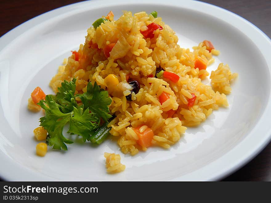 rice cooked with vegetables asparagus on a plate. rice cooked with vegetables asparagus on a plate