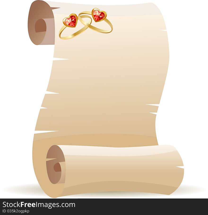 Old scroll with two gold rings with ruby. Old scroll with two gold rings with ruby