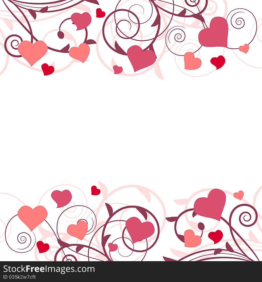 Background with stylized branch and pink hearts. Background with stylized branch and pink hearts