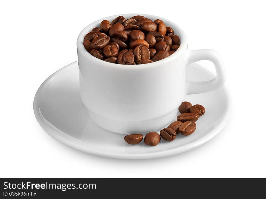 Cup and saucer with the coffee beans isolated on white background. Cup and saucer with the coffee beans isolated on white background