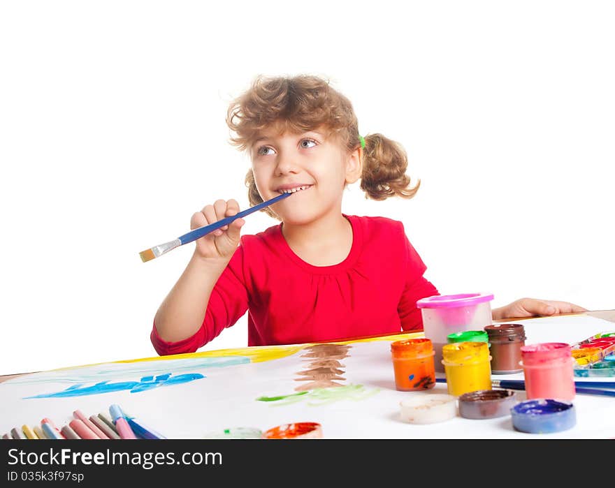 Smiling little girl with watercolor painting, isolated on white