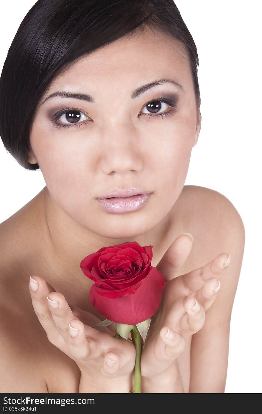 Portrait of a girl with a rose on a white background. Brunette. Portrait of a girl with a rose on a white background. Brunette.