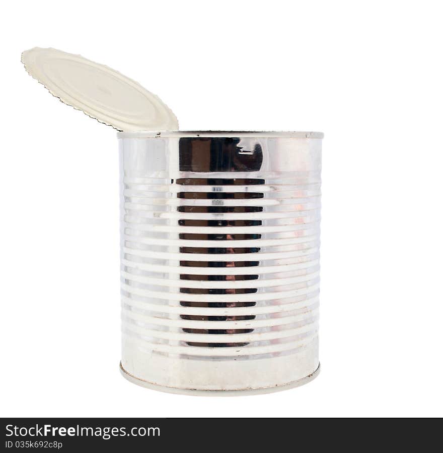 Empty tin can on white background