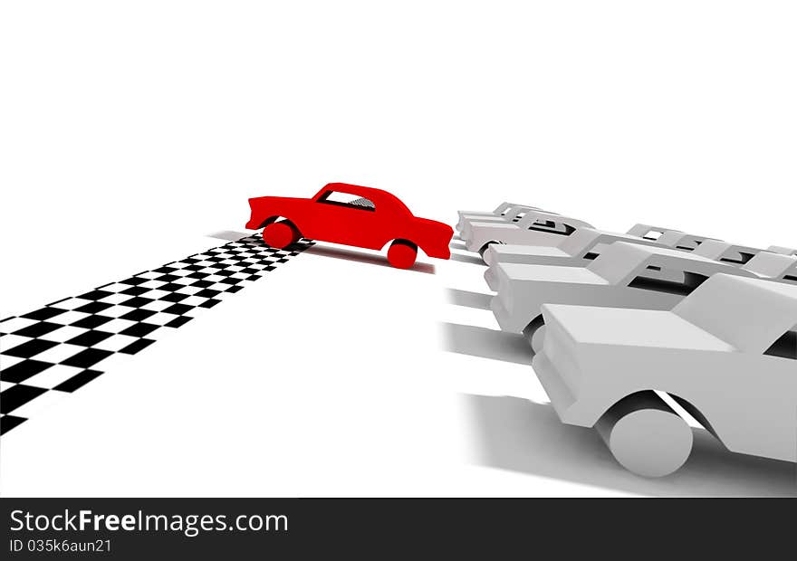 3D image of race car and red car reaching goal. 3D image of race car and red car reaching goal