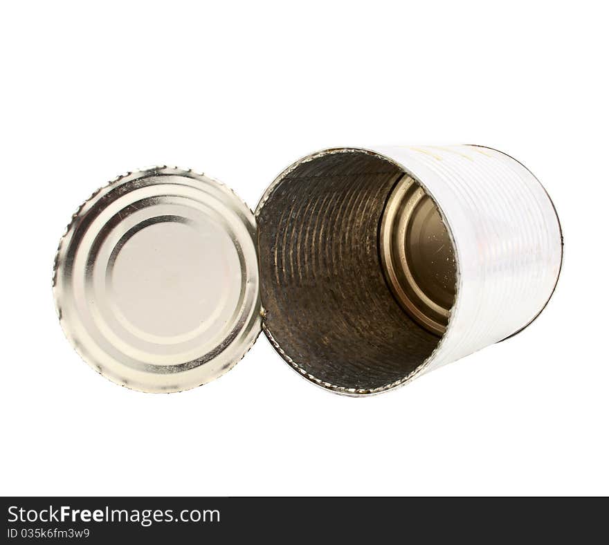 Empty tin can on white background