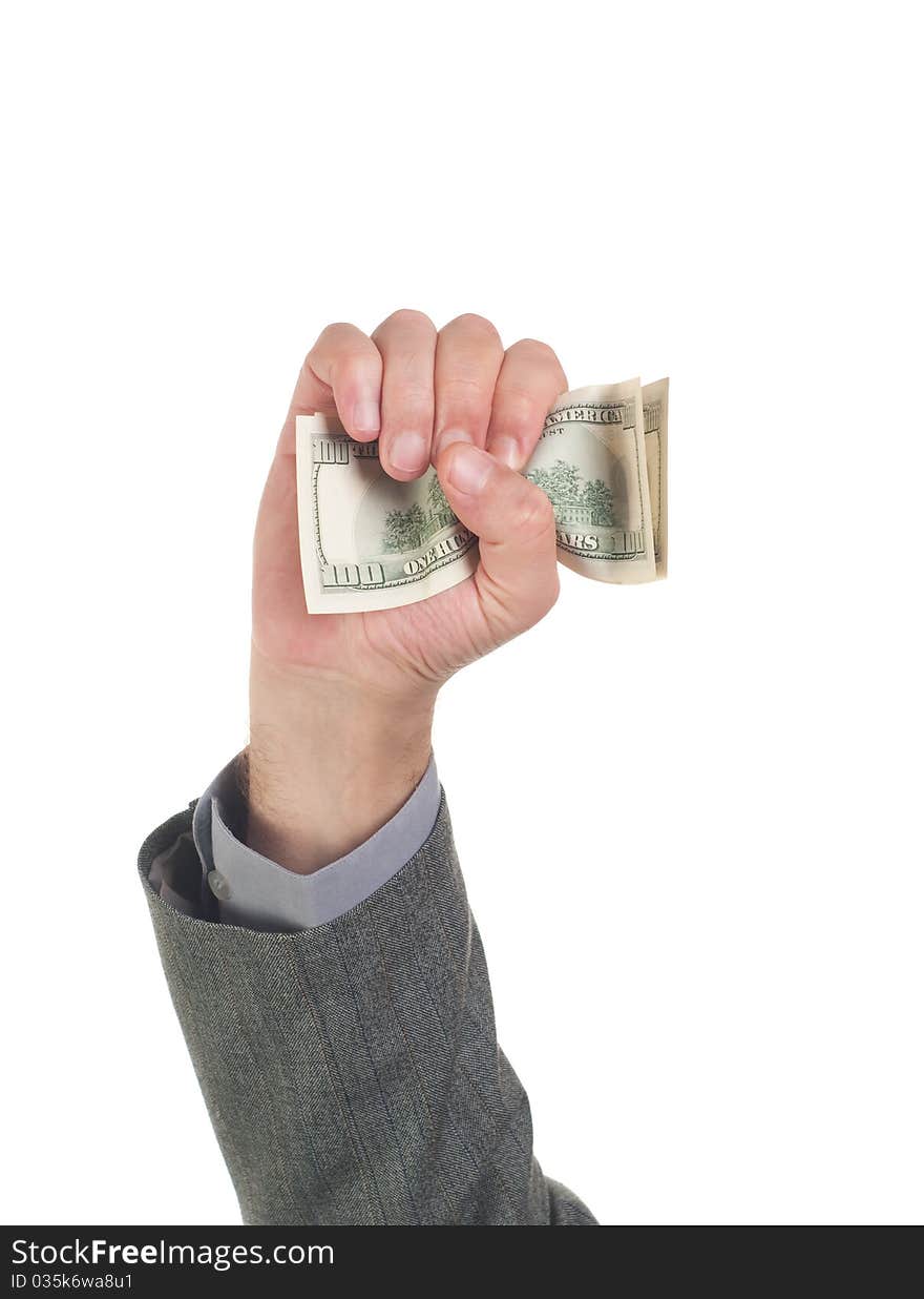 Businessman holding money against white background. Businessman holding money against white background