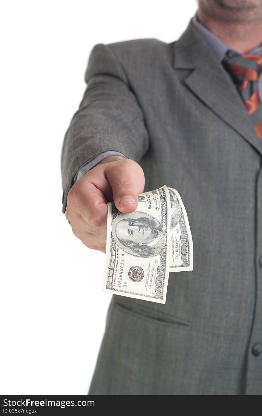 The stretched man's hand with dollars on a white background