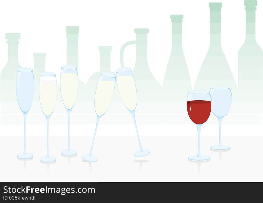 Glasses of wine and champagne on the background of different bottles silhouettes. Glasses of wine and champagne on the background of different bottles silhouettes