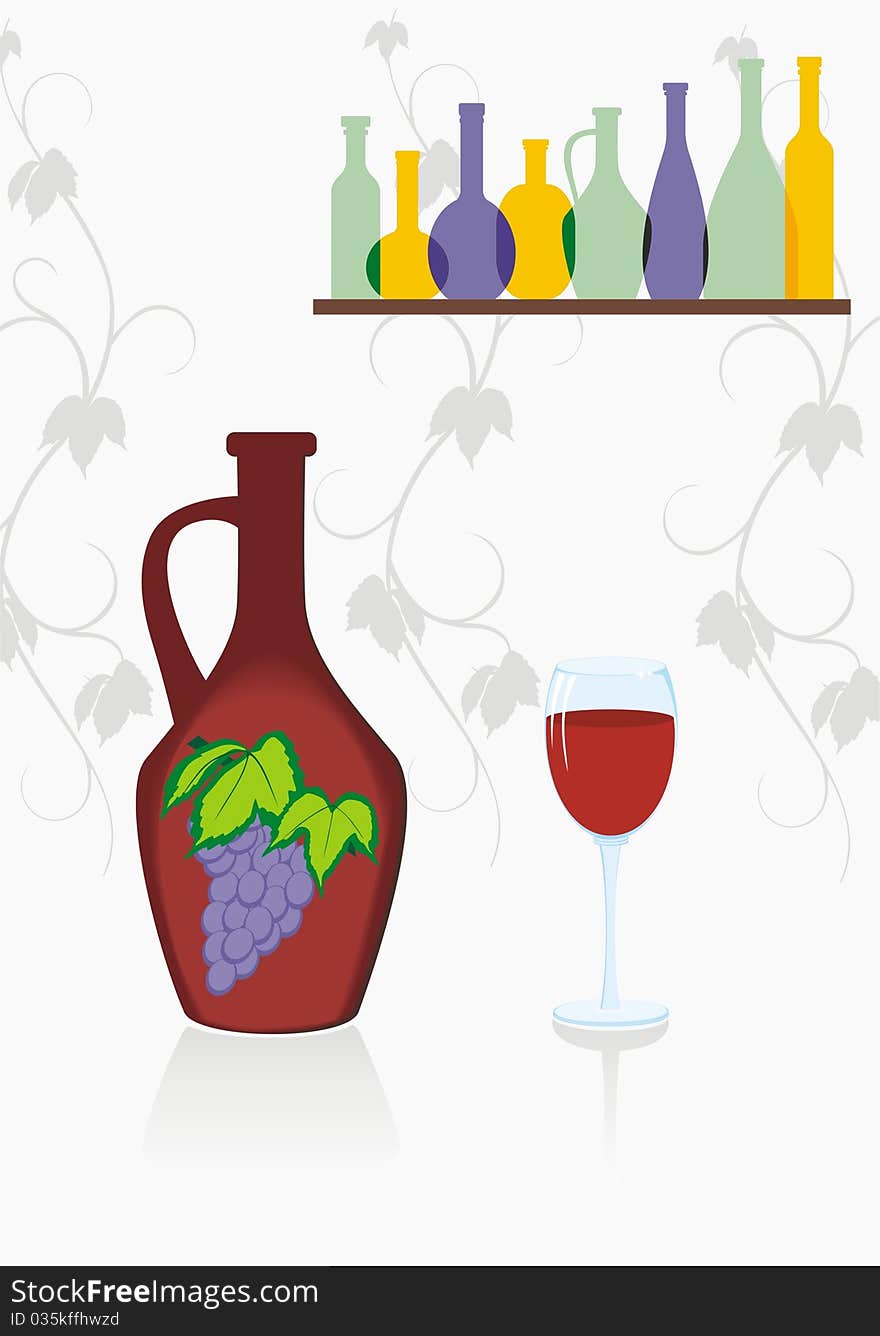 Jug of wine on the background of different bottles silhouettes and patterns of vine. Jug of wine on the background of different bottles silhouettes and patterns of vine