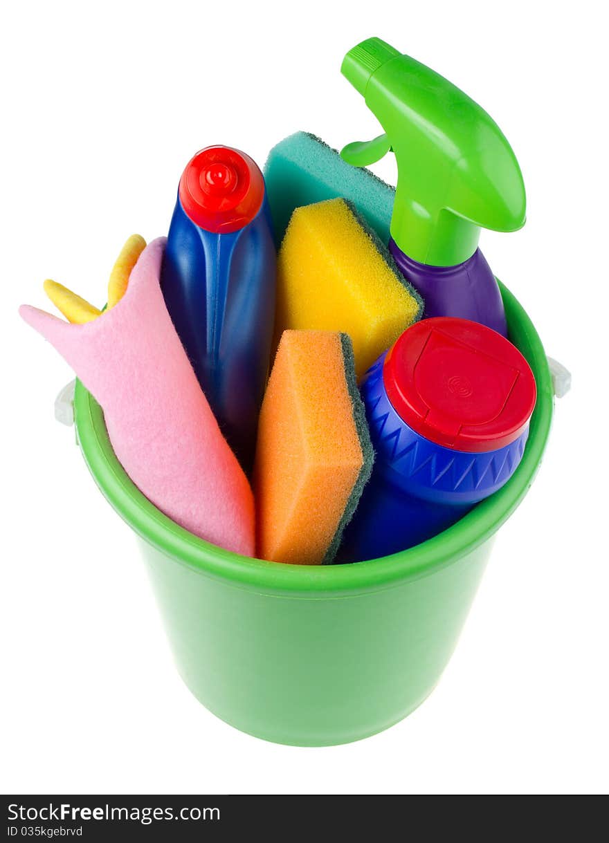 Bucket with cleaning articles from above, isolated on white