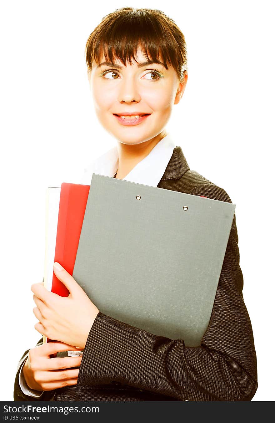 Young happy smiling businesswoman with folders, isolated on white